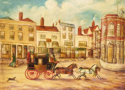 Diligenza da Londra a Maidstone che passa davanti al Swan Inn e al Municipio da English School